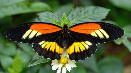 A butterfly, wings spread wide, displays vibrant black, orange, and yellow patterns