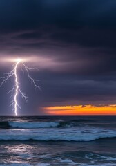 Dramatic Lightning Strike Over the Ocean at Sunset.