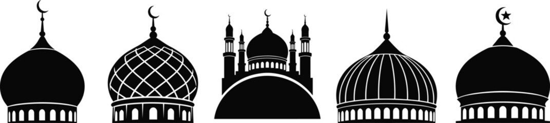 Mosque dome silhouette vector, Islamic architecture, crescent moon design, black and white, religious building, minaret illustration, stock art, isolated