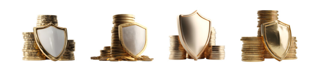 Set of four images showing a shield protecting gold coins.