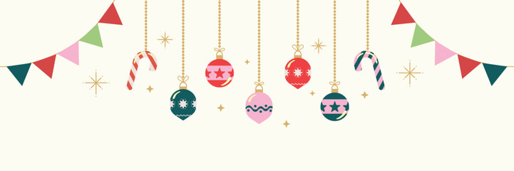 Merry Christmas with hanging ball and flags decoration. Christmas and Happy New Year greeting card style.