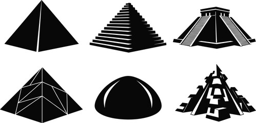 Pyramid silhouette vector set, ancient architecture, modern design, Mesoamerican temple, Egyptian step pyramid, black and white, cultural building, art