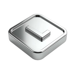 Shiny, silver-metallic, square-shaped button with an "L" raised in the center, on black background