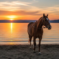 Obraz premium Horse at Sunset - Serene Beauty by the Lake.