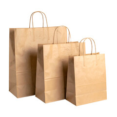 Three brown paper shopping bags of varied sizes, standing upright against a black background