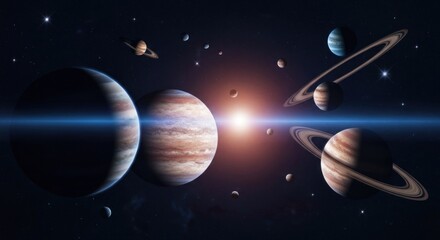 Naklejka premium A composite of planets, rings, and moons, centered on a bright star in a cosmic scene