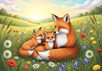 Fox Family in Meadow - A Heartwarming Cartoon Illustration.
