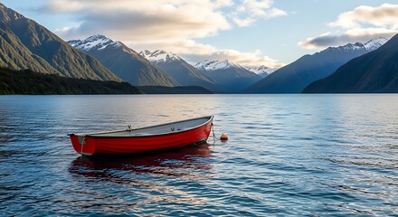 Red Boat on Serene Lake with Mountain Backdrop.