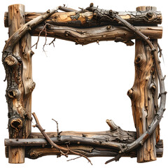 Rustic wooden frame crafted from logs and branches, square shape with a central empty space