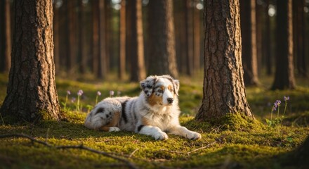 Obraz premium A dog rests peacefully in a sunlit forest, surrounded by trees and soft moss