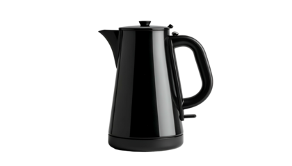 A sleek, black electric kettle on a dark background, with a curved handle and spout