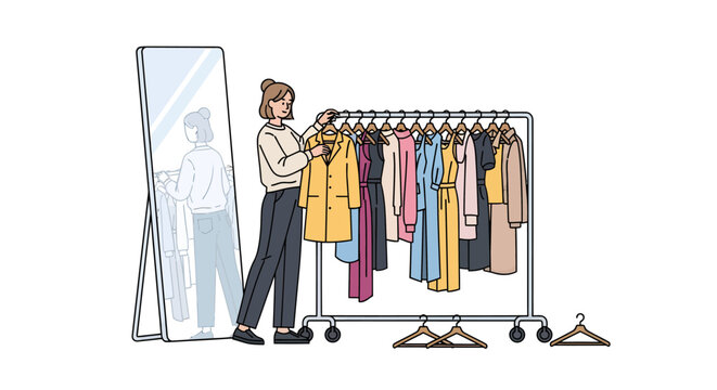 Woman Organizing Clothing Rack in Boutique, Lifestyle Shot, Contemporary Environment, Creative Concept