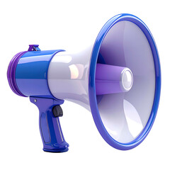 Glossy, colorful megaphone rendered against black. White cone, blue body and handle, purple accents