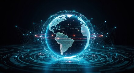 A digitally rendered Earth surrounded by a network of glowing lines, representing global data