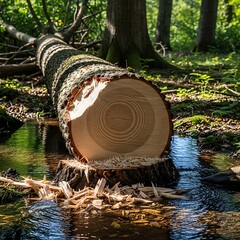 Fallen Tree Trunk in Forest Stream After Beaver Activity.