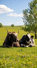 Yak and Cow Resting Peacefully in a Green Meadow.