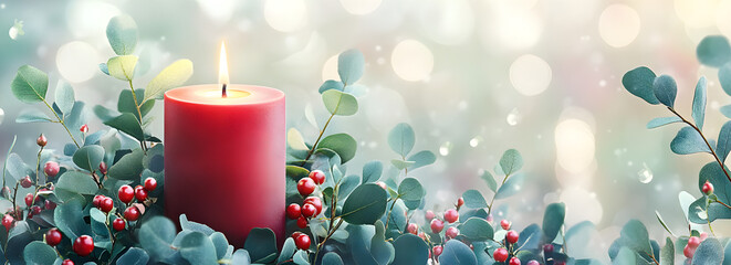A festive Christmas banner featuring an elegant red candle surrounded by green eucalyptus leaves and colorful berries, with a soft bokeh background that adds depth to the scene.
