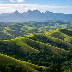 Obraz premium Lush Green Hills and Distant Mountains of Fiji Landscape.