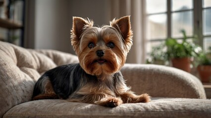 yorkshire terrier sitting on sofa 