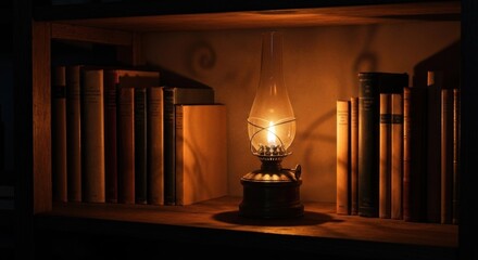 A lit oil lamp casts warm light on a bookshelf filled with antique books, creating a cozy ambiance