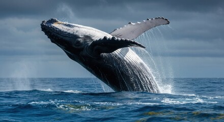 Naklejka premium A humpback whale leaps dramatically from the ocean, water cascading, under a cloudy sky