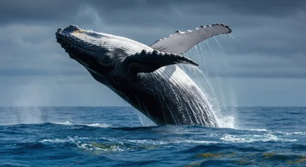 Papier peint photo  A humpback whale leaps dramatically from the ocean, water cascading, under a cloudy sky  © ALIF JATI KUSUMA