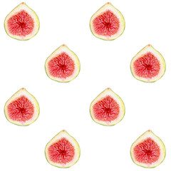 Figs with red pulp watercolor seamless pattern isolated on white. Hand painted illustration perfect for food design, organic market, packaging, kitchen decor, healthy lifestyle concepts. Sweet fruit