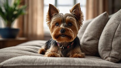 yorkshire terrier sitting on the bed