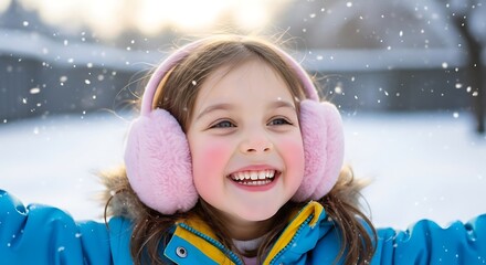 Joyful Little Girl Enjoying Winter Snowfall with Pink Earmuffs.