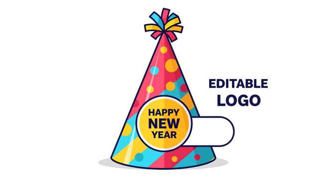 Festive Happy New Year party cone hat with colorful polka dots and stripes, editable logo template VECTOR (383)