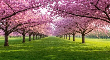 A pathway of vibrant pink flowering trees creating a tunnel over a lush green lawn