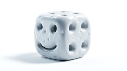 Light-gray, 3D dice-shaped object with a smiley face