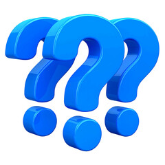 Naklejka premium Three shiny, blue, 3D question marks in a group, set against a black background
