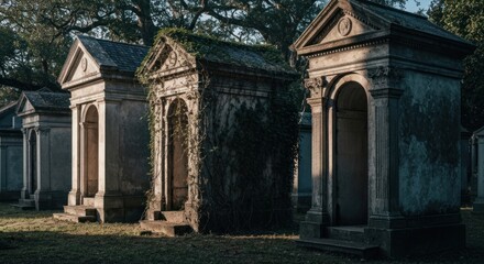 Obraz premium A row of weathered stone tombs in a cemetery, some with arched entryways and overgrown with ivy