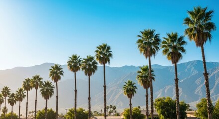A row of tall palm trees against a mountain backdrop under a clear, blue sky