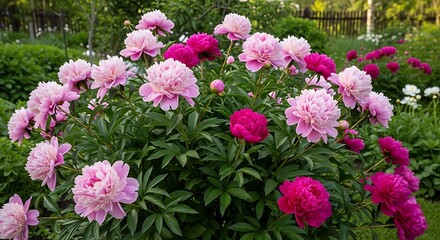 Pink and Magenta Peonies Blooming in a Lush Garden.