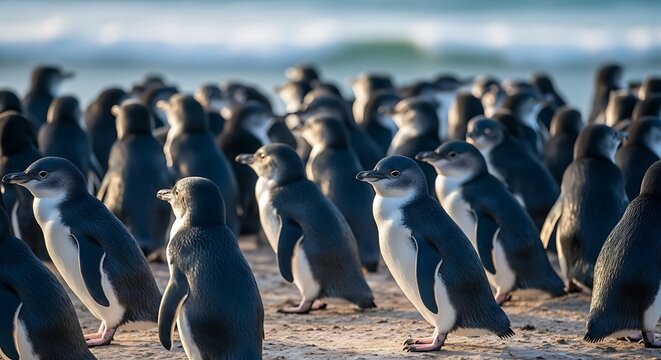 Little Penguins Gathering on Phillip Island Beach at Sunset.