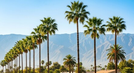A row of tall palm trees line a road, mountains in the background under a clear blue sky