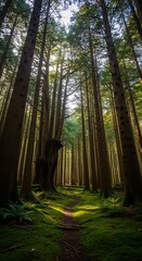 Obraz premium Sunlit Path Through Towering Trees in a Verdant Forest.
