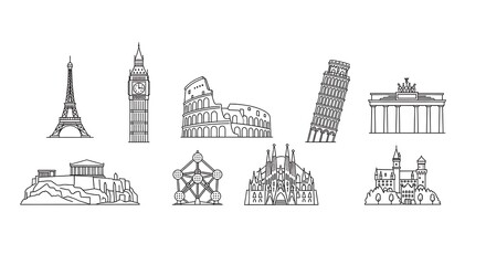 European Landmarks Line Art - Eiffel Tower, Big Ben, Colosseum, and More.