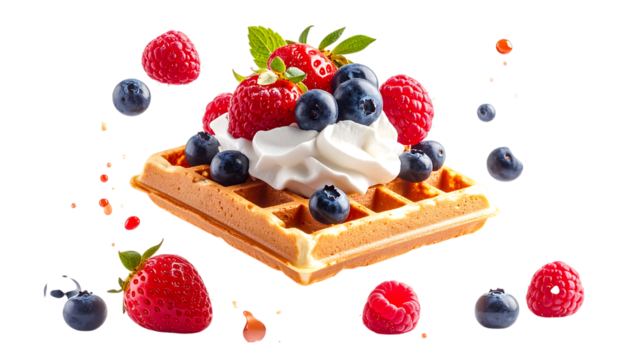 ふんわりホイップとベリーが彩るワッフルのスイーツ盛り合わせ｜背景なし・透過PNG