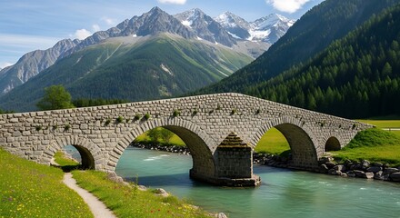 Picturesque Stone Bridge in the Swiss Alps - A Serene Landscape.