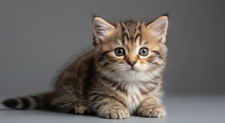 A small, adorable tabby kitten with wide eyes sits against a plain grey background