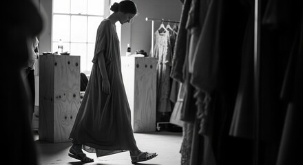 Monochrome Image of a Young Woman in a Flowing Dress Walking Past a Clothing Rack in a Studio, Backstage Fashion