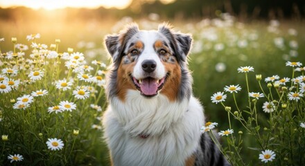 A smiling, tri-color dog sits in a field of white daisies bathed in warm sunlight