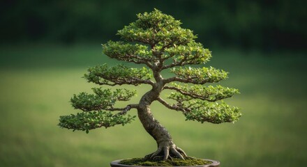 Fototapeta premium A small, meticulously cultivated tree with green foliage, presented in a ceramic pot