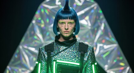 Fashion Forward Female with Blue Hair and Futuristic Makeup on Runway with Holographic Backdrop for Editorial Use