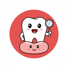 Cute Tooth Character Holding Dental Mirror with Gum Smiling in a Red Circle