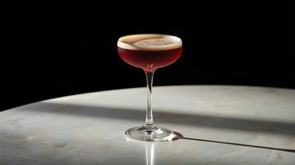 Elegant cocktail presentation featuring a dark aromatic drink served in a classic coupe glass, illuminated by soft directional light on a marble surface