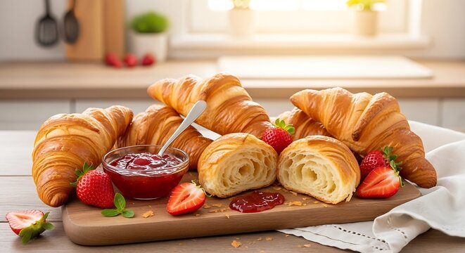 Delicious Croissants with Strawberry Jam and Fresh Strawberries on Wooden Board. - Powered by Adobe